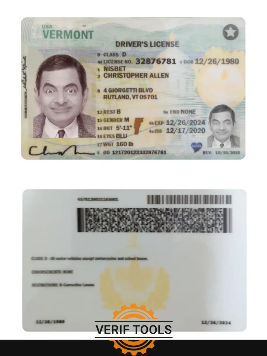 Usa Vermont Driving License 2020 Present — Driver License